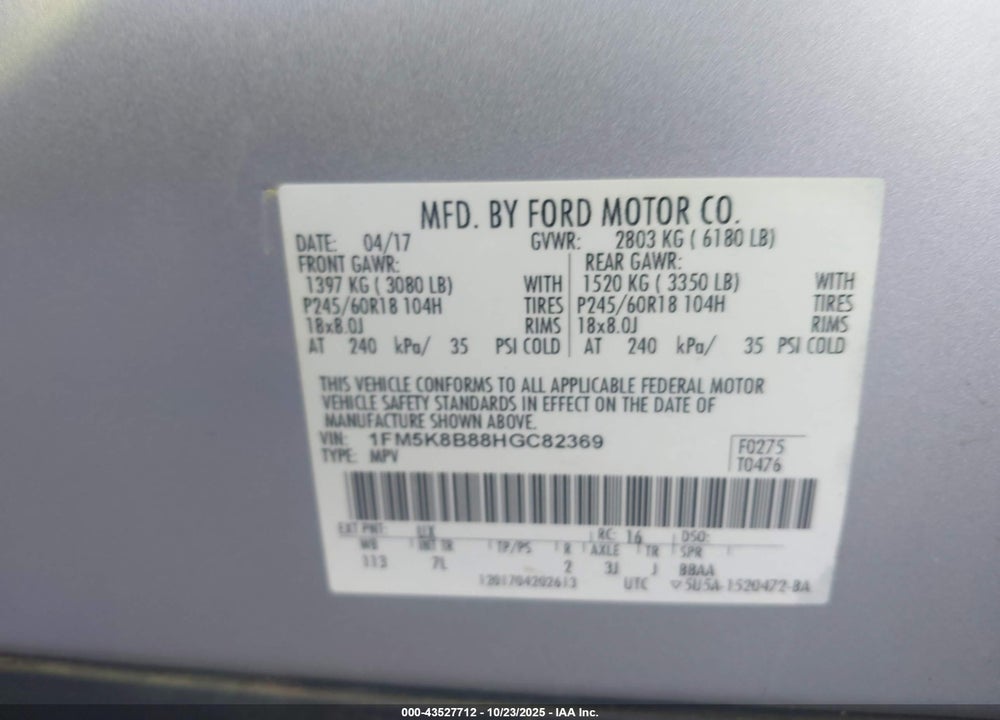 2017 FORD EXPLORER VIN: 1FM5K8B88HGC82369