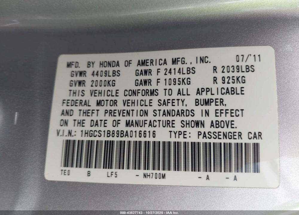 2011 HONDA ACCORD VIN: 1HGCS1B89BA016616