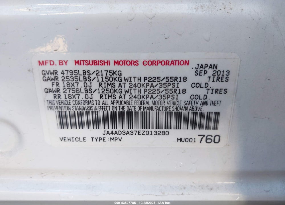 2014 MITSUBISHI OUTLANDER VIN: JA4AD3A37EZ013280