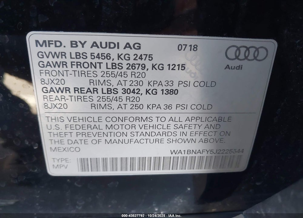 2018 AUDI Q5 2.0T PREMIUM VIN: WA1BNAFY5J2225544