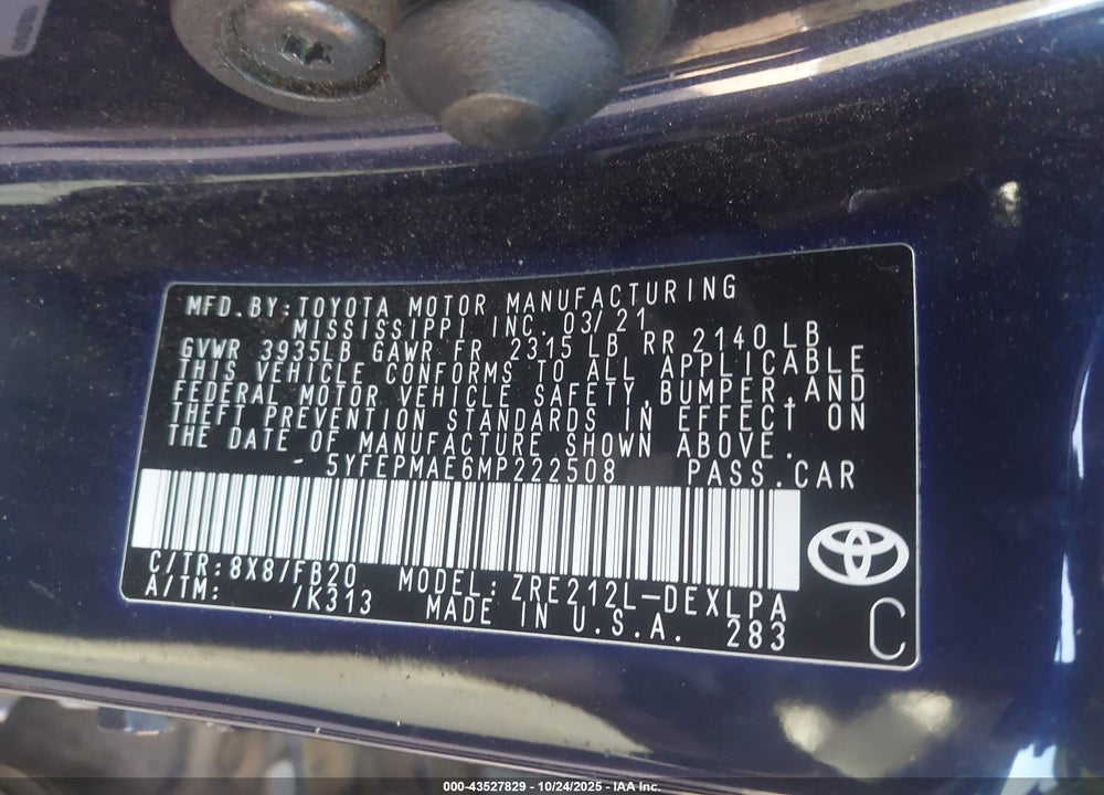 2021 TOYOTA COROLLA LE VIN: 5YFEPMAE6MP222508