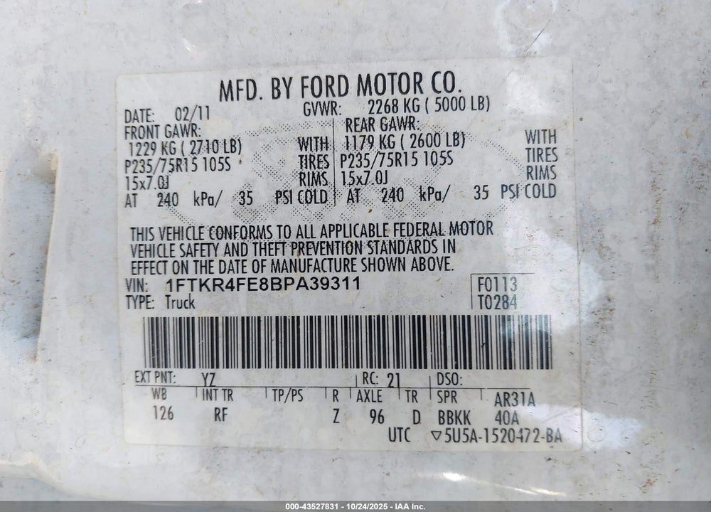 2011 FORD RANGER SUPER CAB VIN: 1FTKR4FE8BPA39311