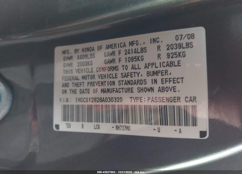 2008 HONDA ACCORD 2.4 EX-L VIN: 1HGCS12828A030320