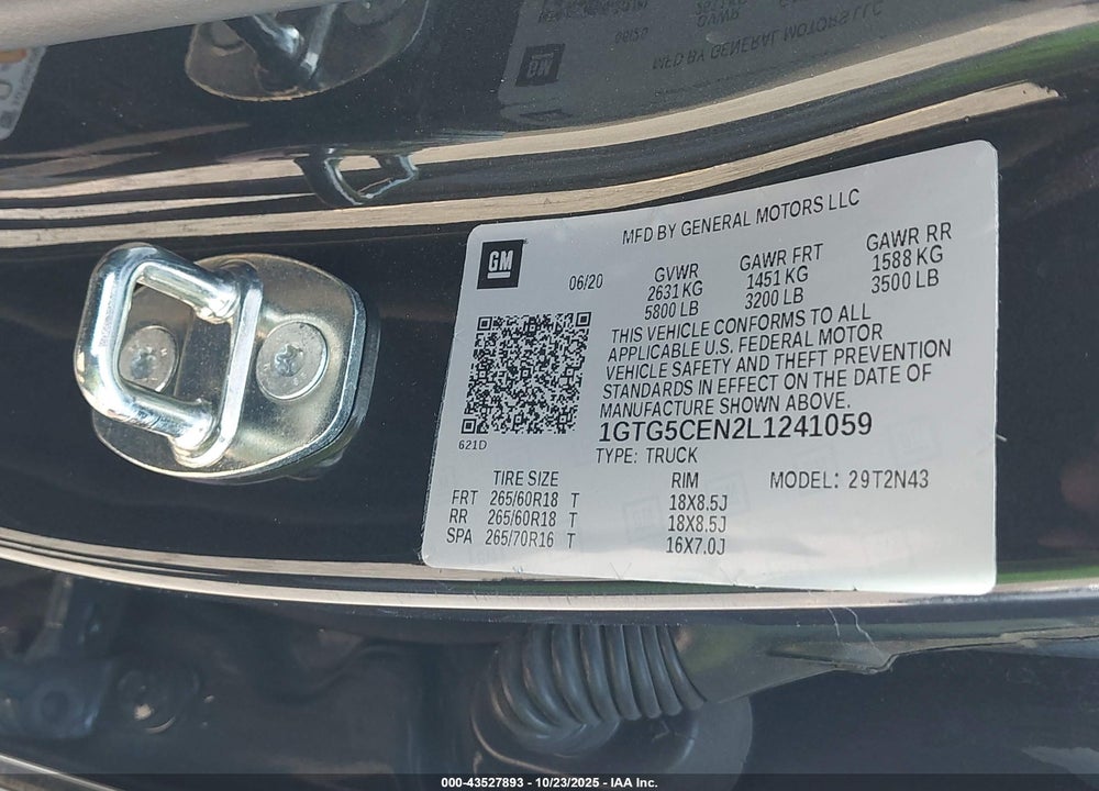 2020 GMC CANYON 2WD SHORT BOX SLE VIN: 1GTG5CEN2L1241059