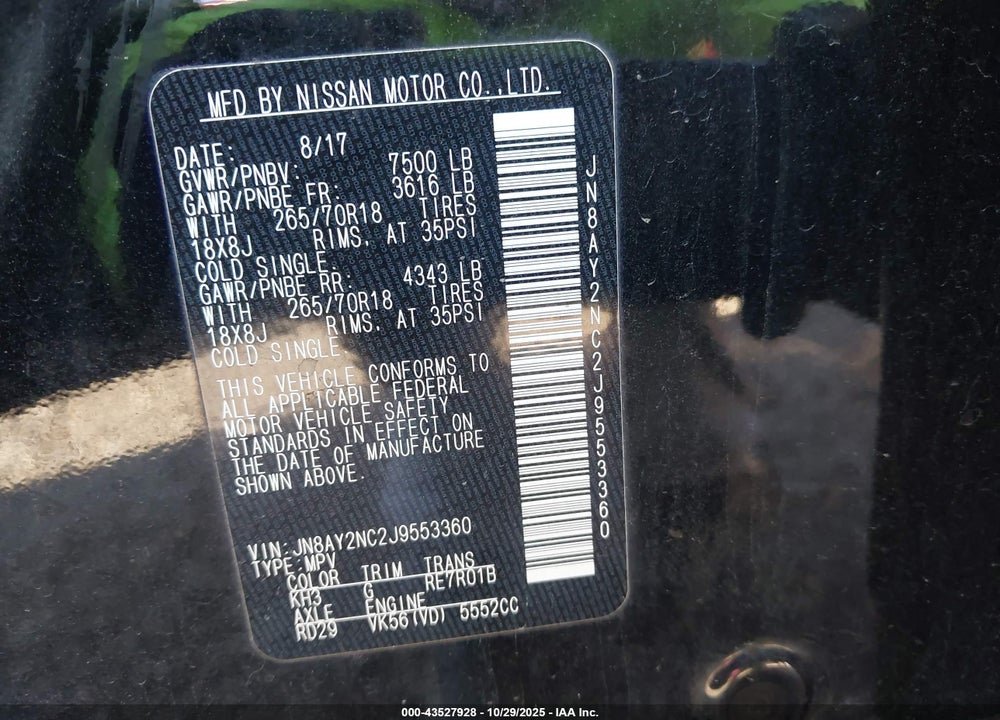 2018 NISSAN ARMADA SV VIN: JN8AY2NC2J9553360