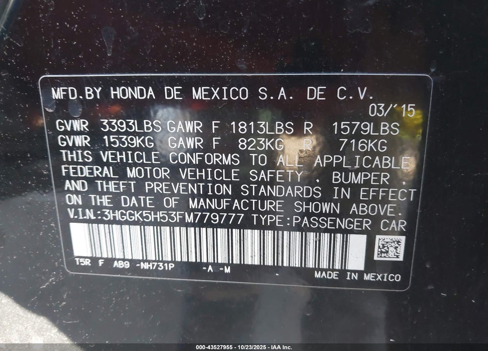 2015 HONDA FIT LX VIN: 3HGGK5H53FM779777