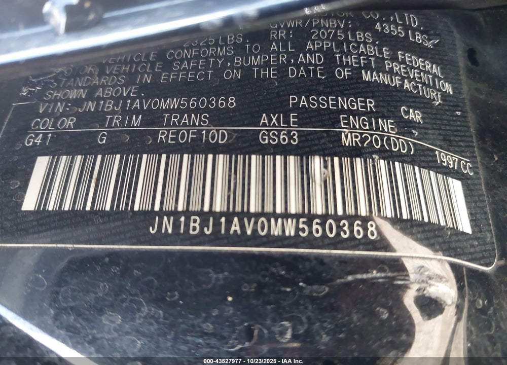 2021 NISSAN ROGUE SPORT S FWD XTRONIC CVT VIN: JN1BJ1AV0MW560368