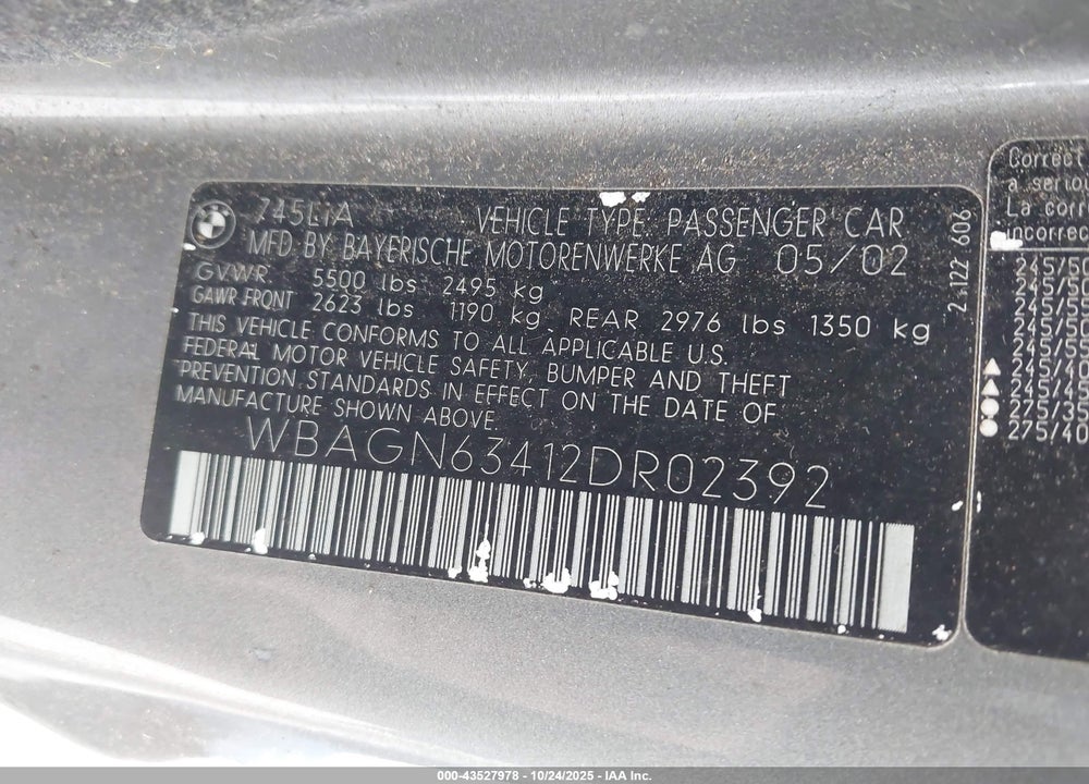 2002 BMW 745LI VIN: WBAGN63412DR02392