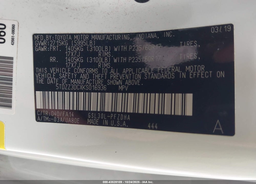 2019 TOYOTA SIENNA L 7 PASSENGER VIN: 5TDZZ3DCXKS016936