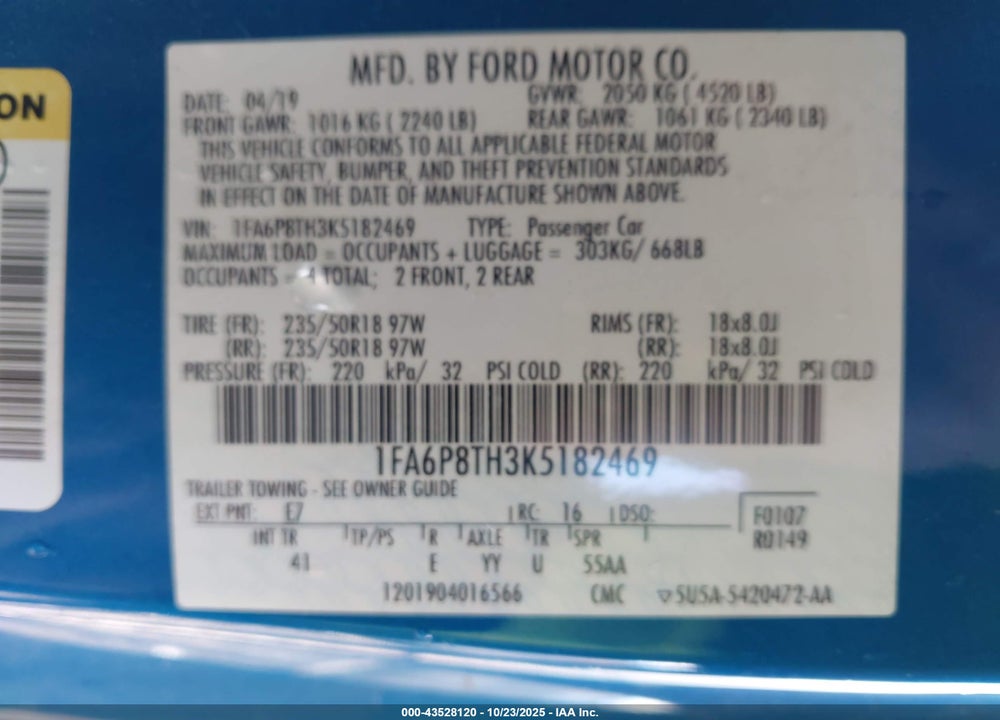 2019 FORD MUSTANG ECOBOOST PREMIUM VIN: 1FA6P8TH3K5182469