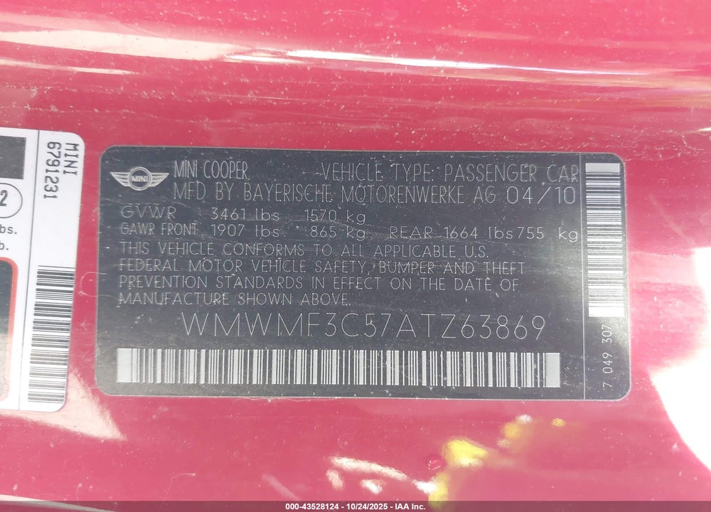 2010 MINI COOPER VIN: WMWMF3C57ATZ63869