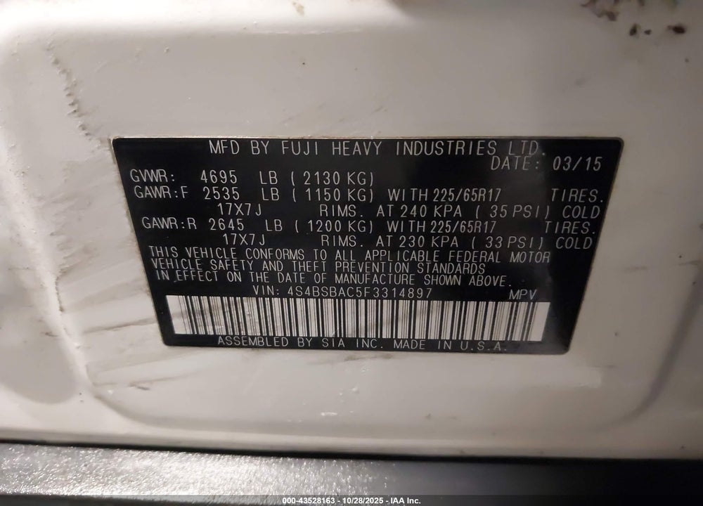 2015 SUBARU OUTBACK 2.5I VIN: 4S4BSBAC5F3314897