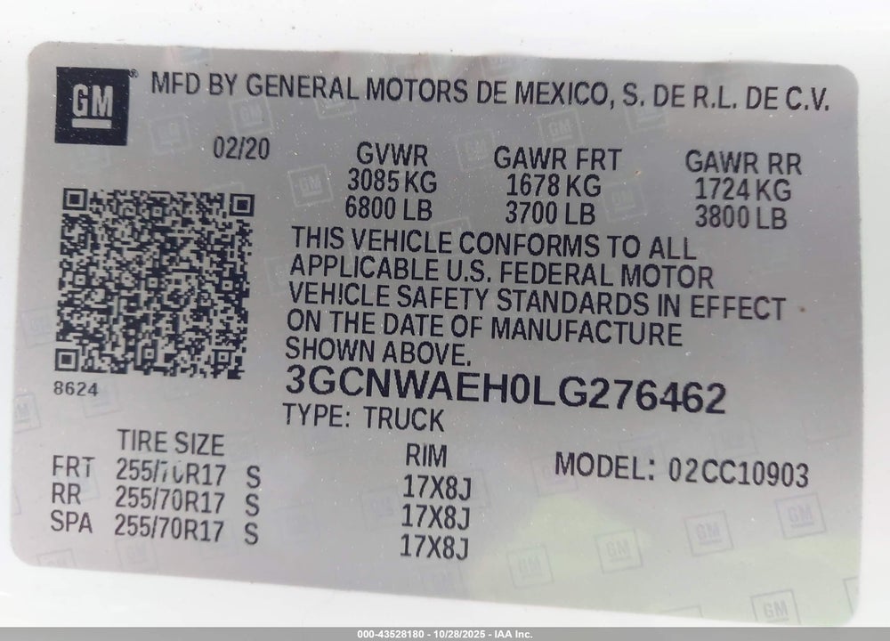 2020 CHEVROLET SILVERADO 1500 2WD LONG BED WT VIN: 3GCNWAEH0LG276462