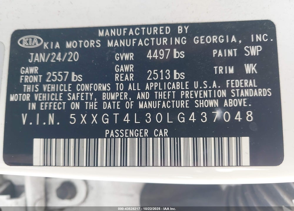 2020 KIA OPTIMA LX VIN: 5XXGT4L30LG437048