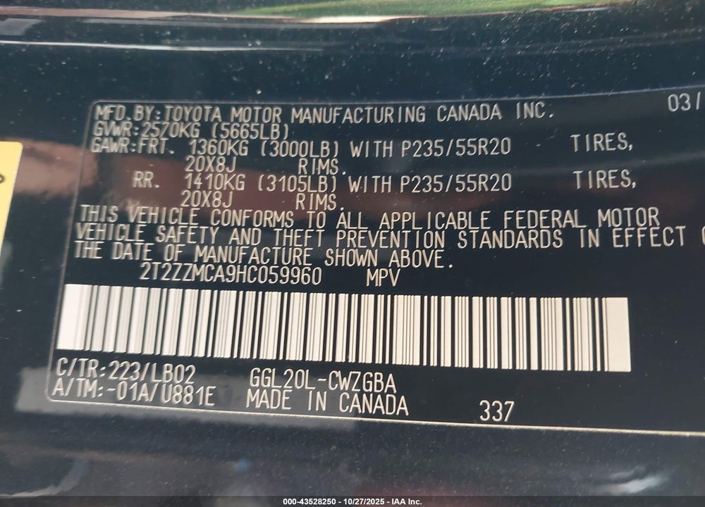 2017 LEXUS RX 350 VIN: 2T2ZZMCA9HC059960