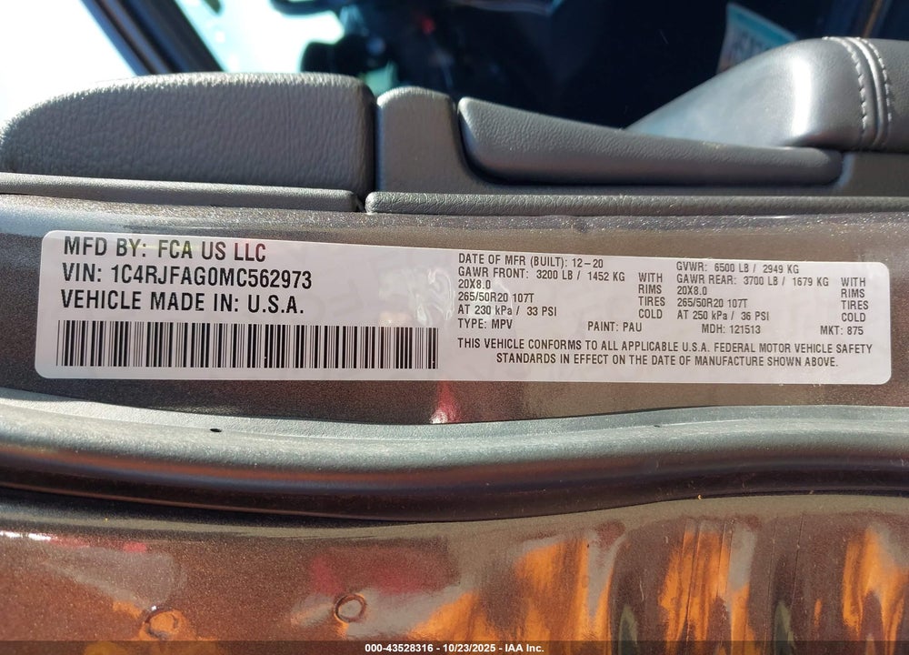 2021 JEEP GRAND CHEROKEE VIN: 1C4RJFAG0MC562973
