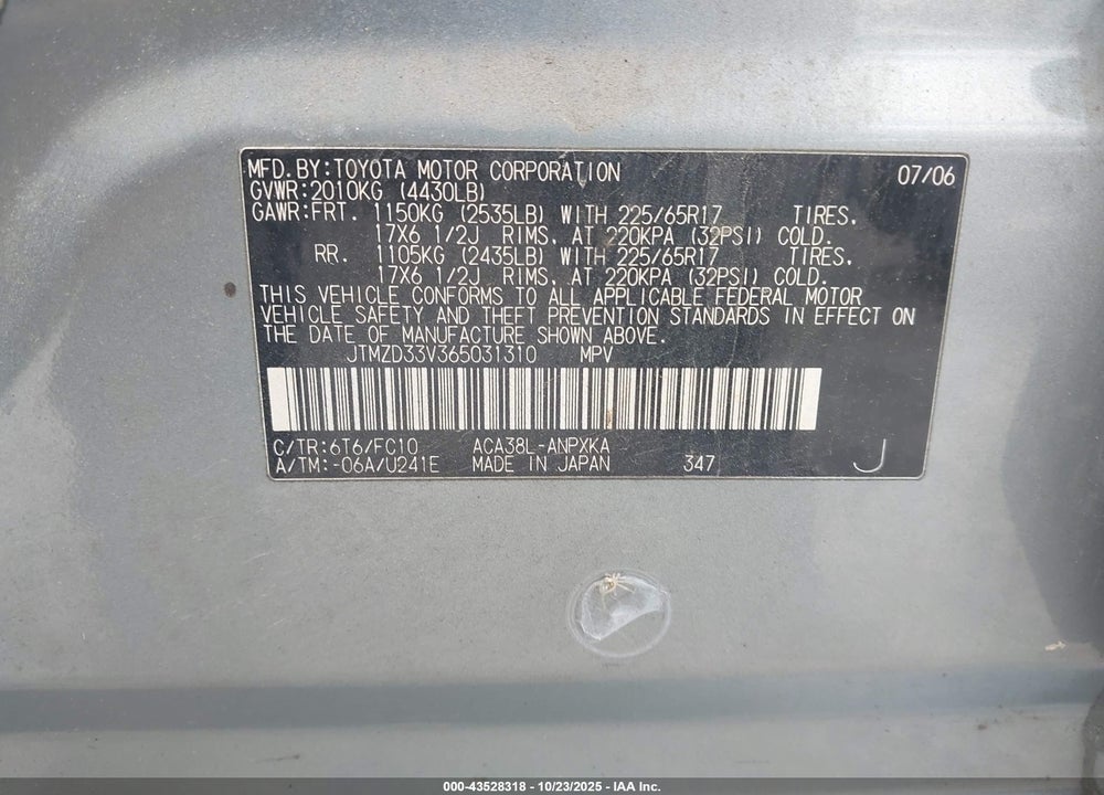 2006 TOYOTA RAV4 VIN: JTMZD33V365031310