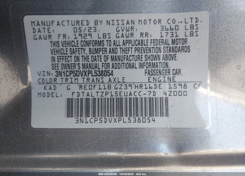 2023 NISSAN KICKS SR XTRONIC CVT VIN: 3N1CP5DVXPL538054