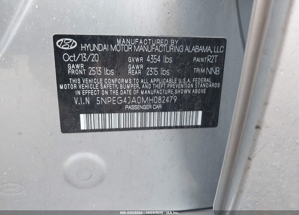 2021 HYUNDAI SONATA SE VIN: 5NPEG4JA0MH082479