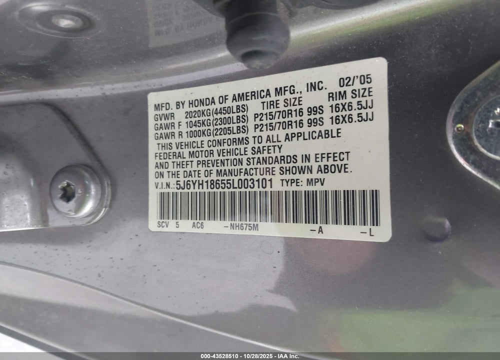 2005 HONDA ELEMENT EX VIN: 5J6YH18655L003101