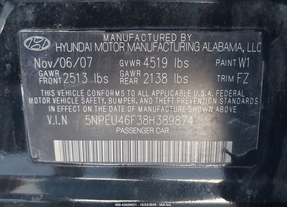 2008 HYUNDAI SONATA LIMITED V6/SE V6 VIN: 5NPEU46F38H389874
