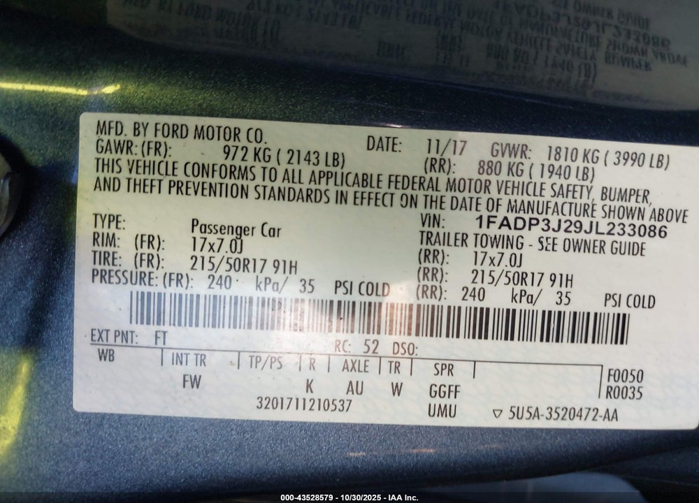 2018 FORD FOCUS VIN: 1FADP3J29JL233086