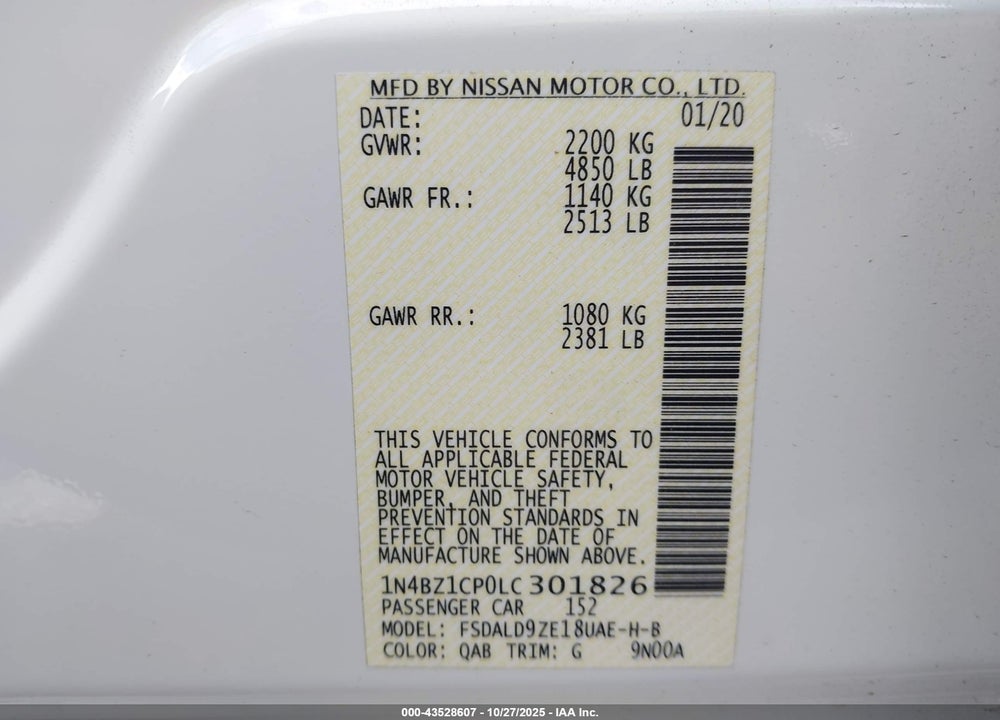 2020 NISSAN LEAF VIN: 1N4BZ1CP0LC301826