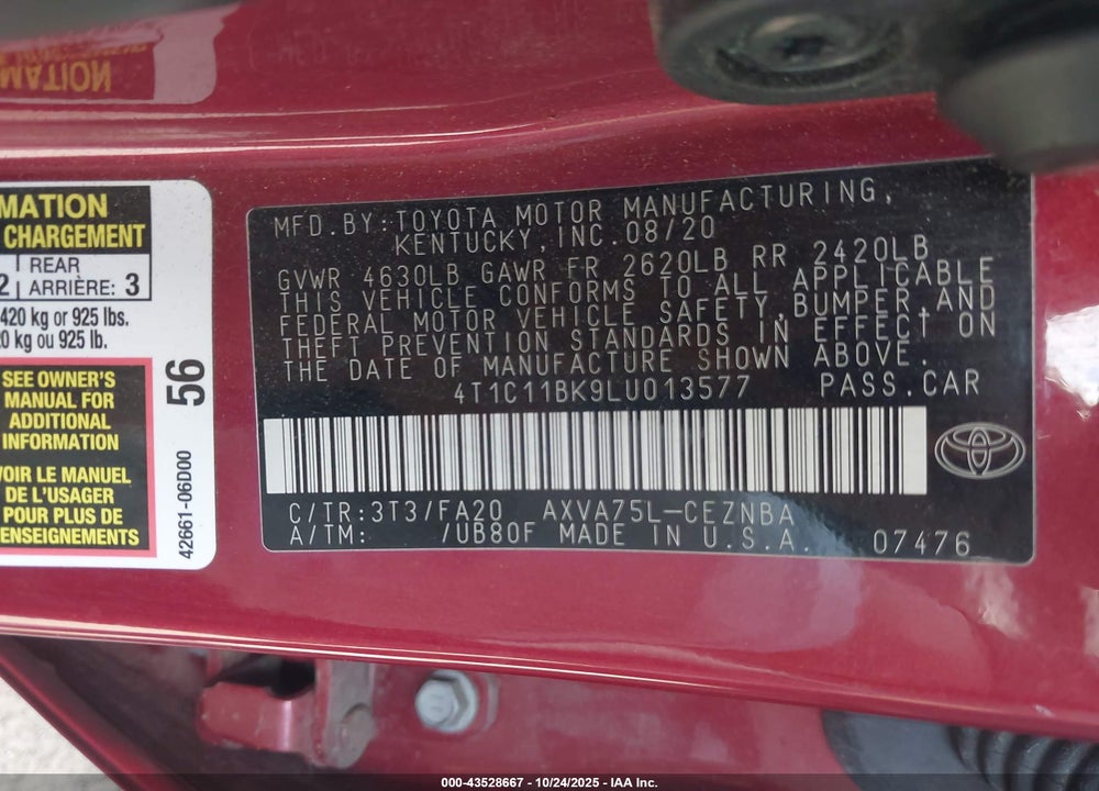 2020 TOYOTA CAMRY LE AWD VIN: 4T1C11BK9LU013577