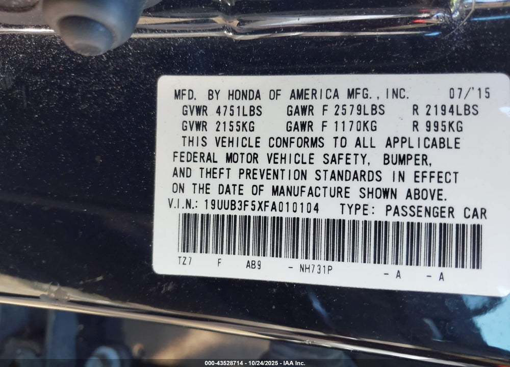 2015 ACURA TLX V6 TECH VIN: 19UUB3F5XFA010104