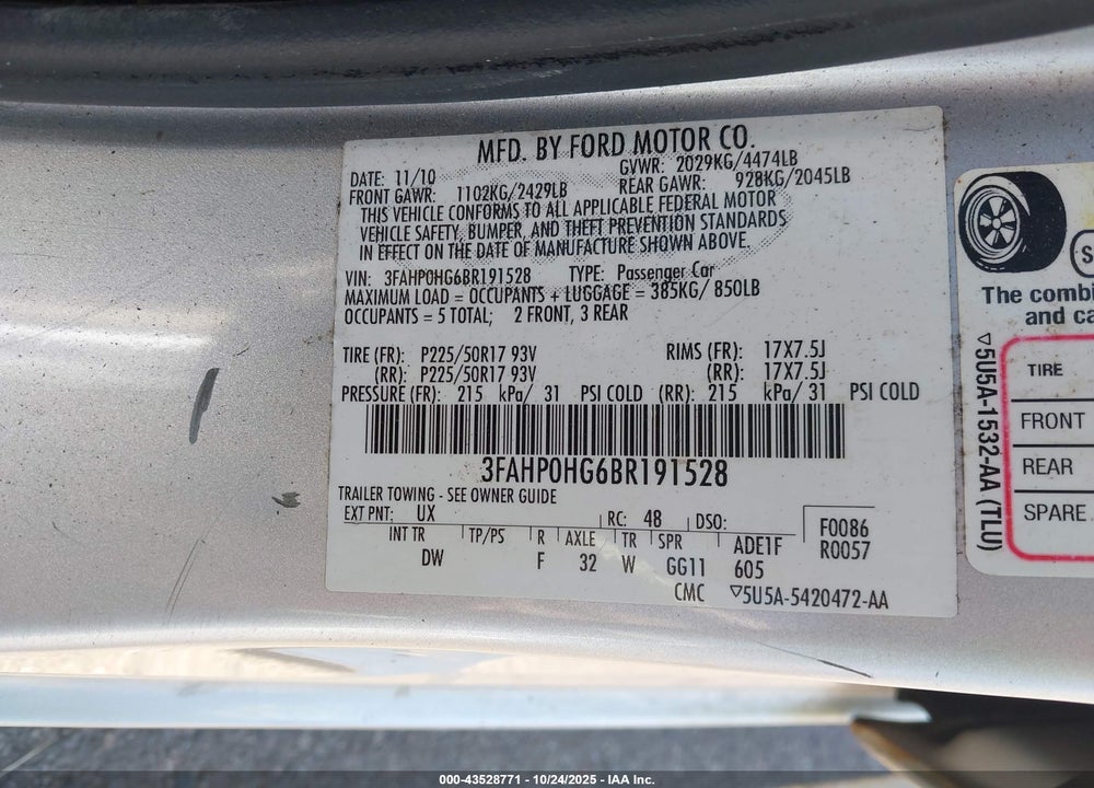 2011 FORD FUSION VIN: 3FAHP0HG6BR191528