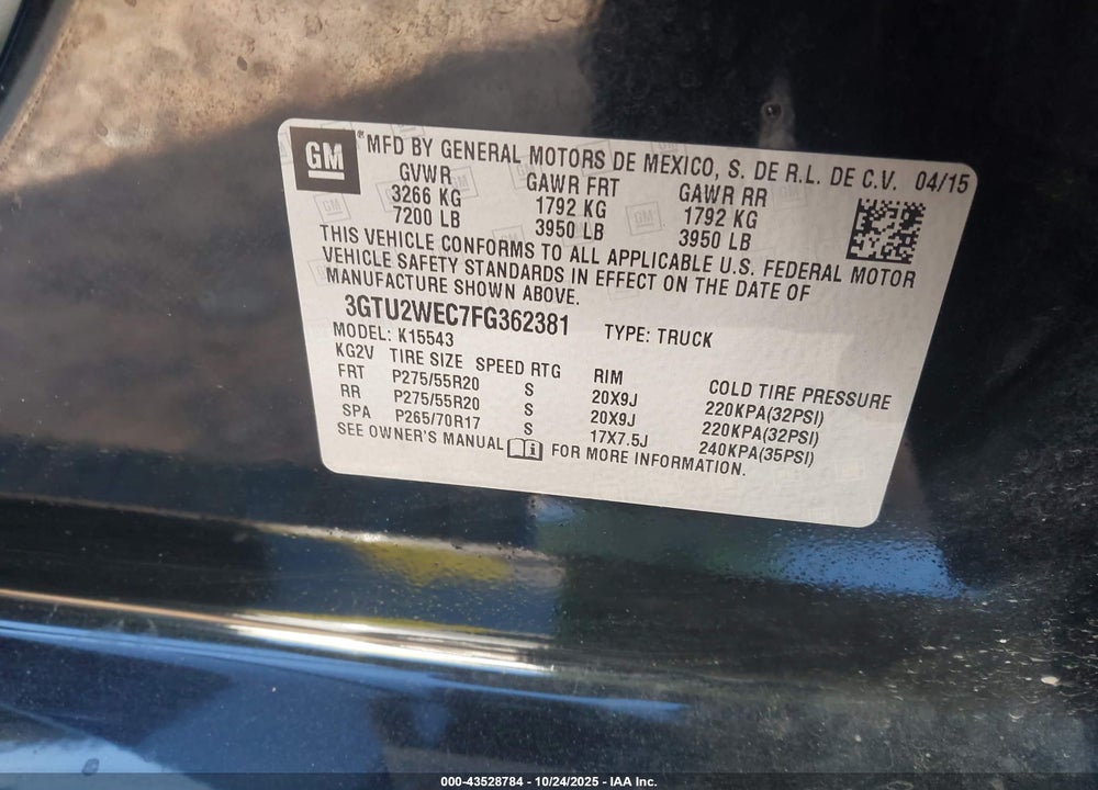 2015 GMC SIERRA 1500 DENALI VIN: 3GTU2WEC7FG362381