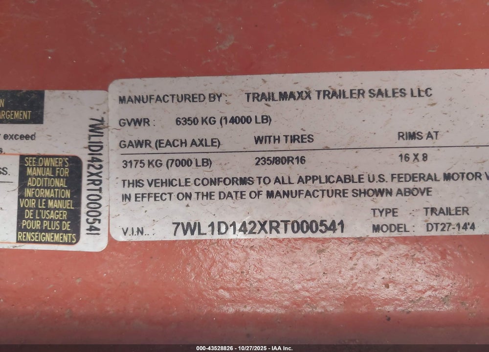 2024 TRAIL MAXX DUMP TRAILER VIN: 7WL1D142XRT000541