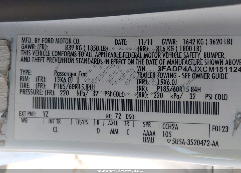 2012 FORD FIESTA VIN: 3FADP4AJXCM151124