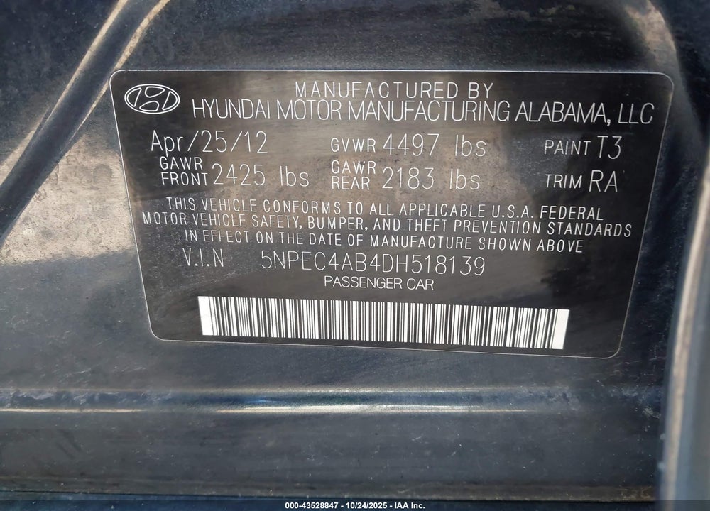 2013 HYUNDAI SONATA LIMITED 2.0T VIN: 5NPEC4AB4DH518139