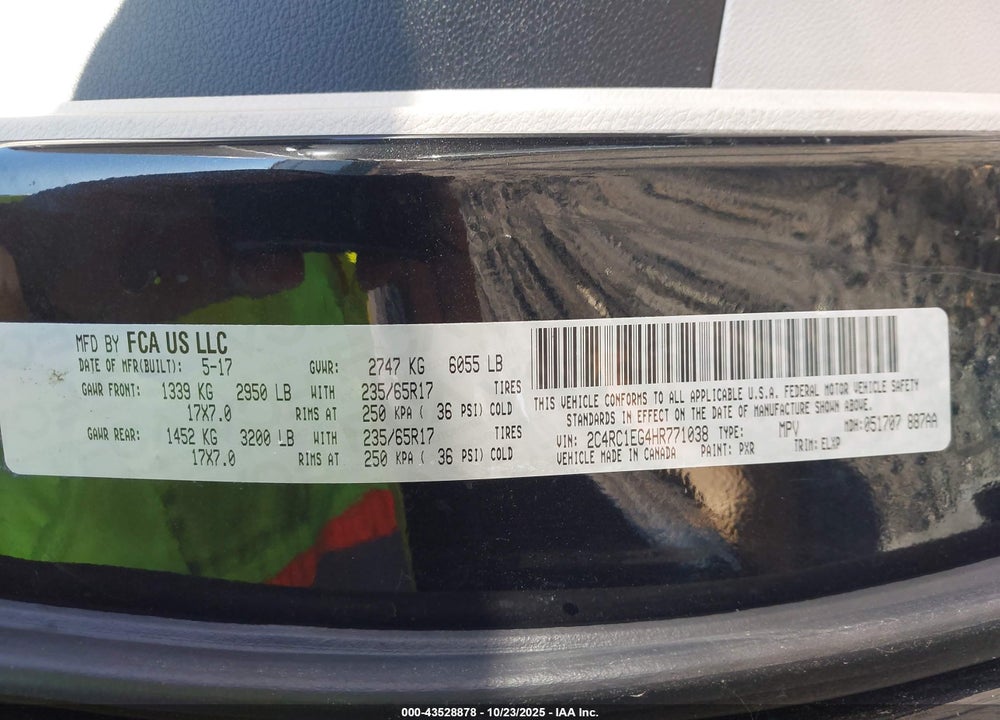 2017 CHRYSLER PACIFICA TOURING L PLUS VIN: 2C4RC1EG4HR771038