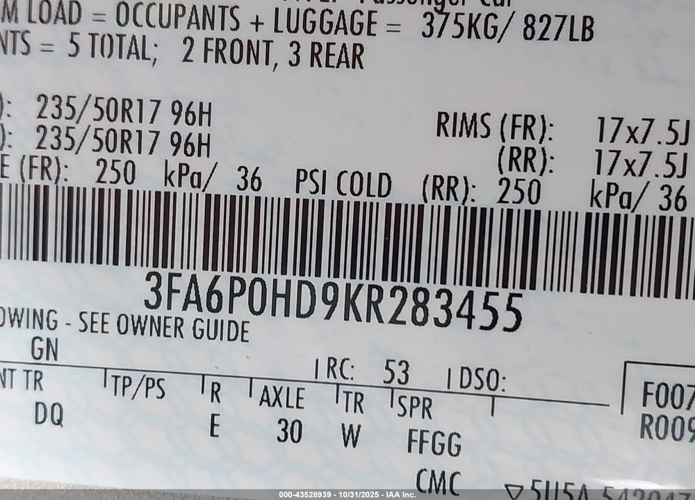 2019 FORD FUSION SE VIN: 3FA6P0HD9KR283455