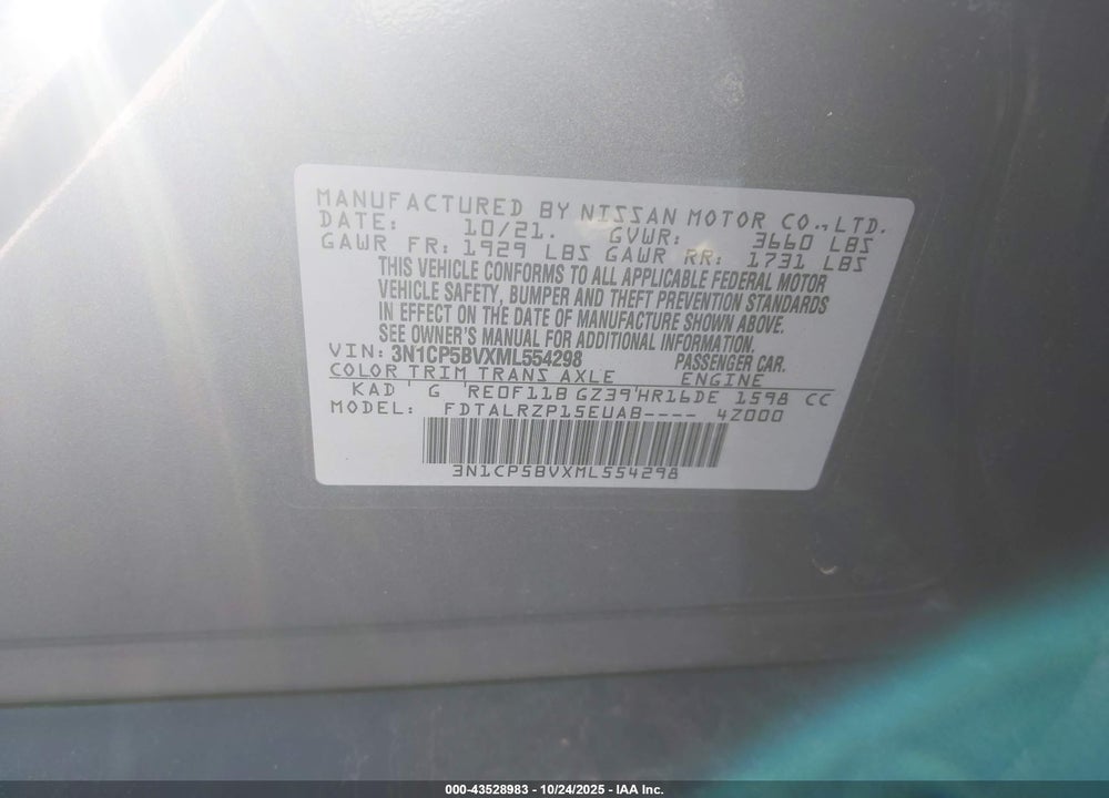 2021 NISSAN KICKS S XTRONIC CVT VIN: 3N1CP5BVXML554298