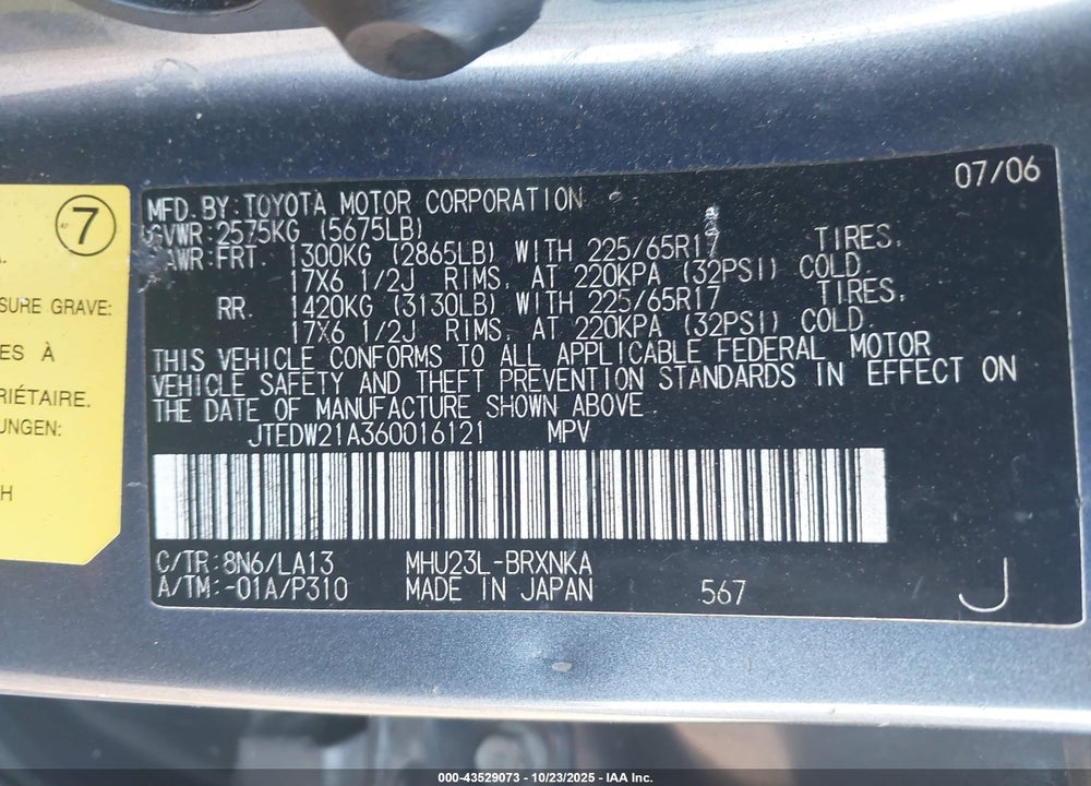 2006 TOYOTA HIGHLANDER HYBRID VIN: JTEDW21A360016121