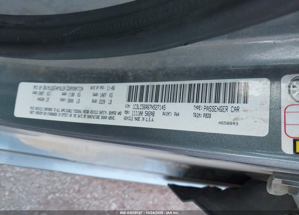 2007 CHRYSLER SEBRING TOURING VIN: 1C3LC56R67N527145