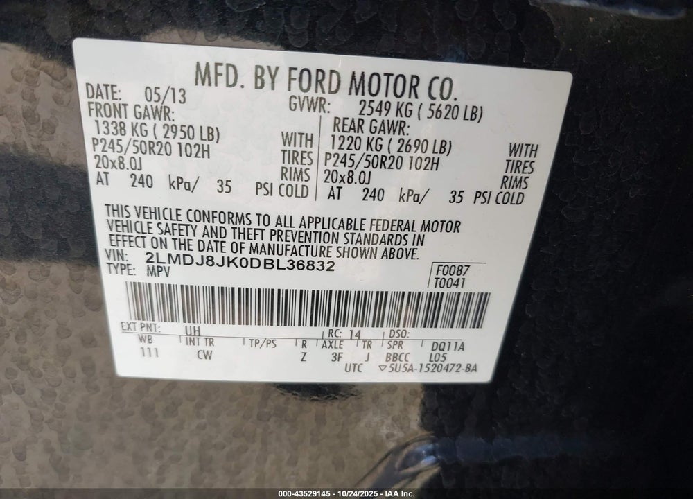 2013 LINCOLN MKX VIN: 2LMDJ8JK0DBL36832