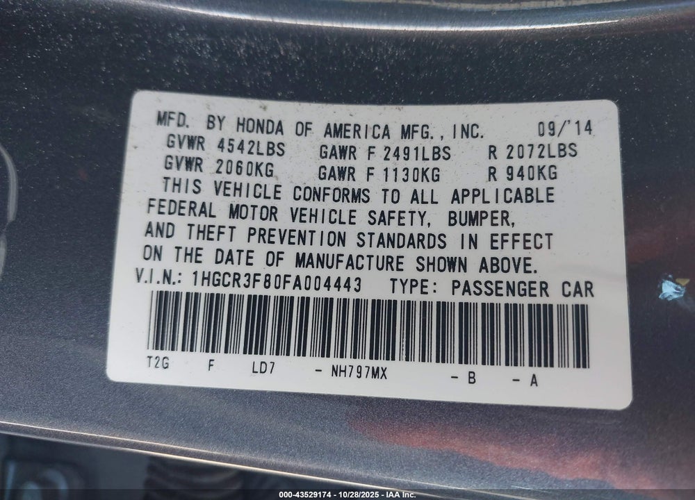 2015 HONDA ACCORD VIN: 1HGCR3F80FA004443