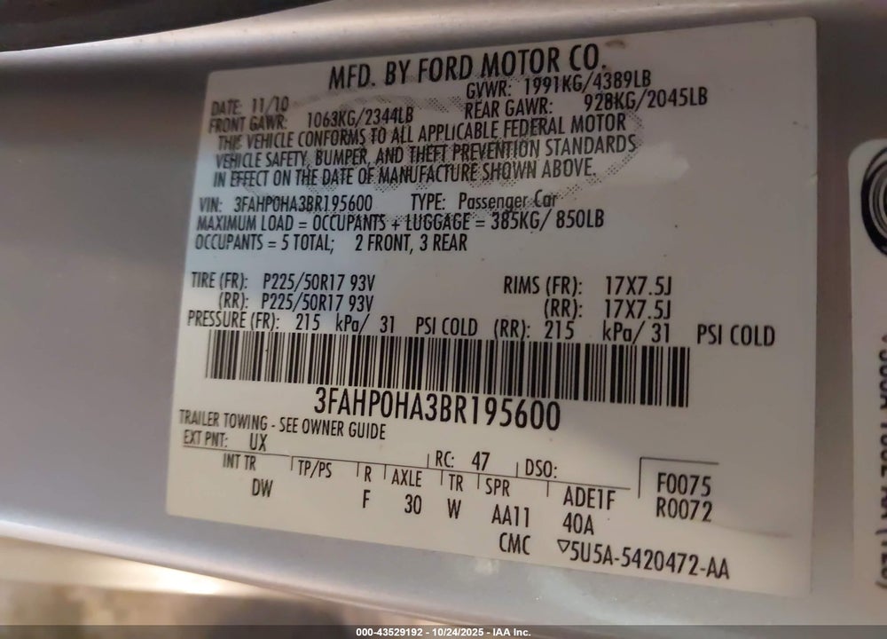 2011 FORD FUSION SE VIN: 3FAHP0HA3BR195600