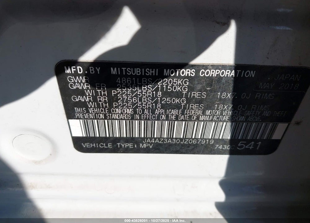 2018 MITSUBISHI OUTLANDER VIN: JA4AZ3A30JZ067919