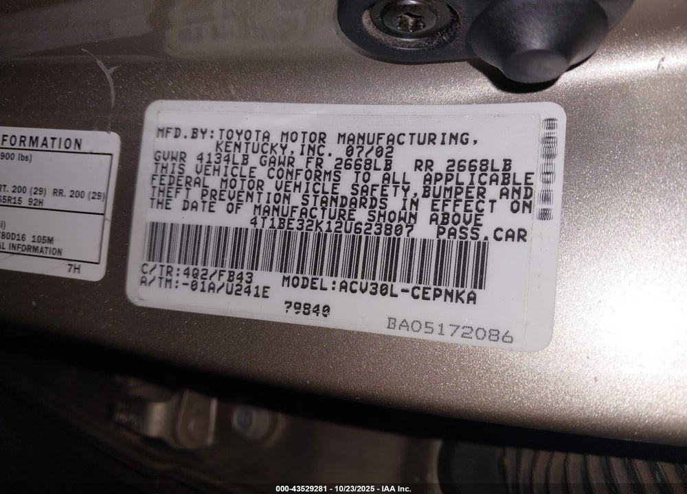 2002 TOYOTA CAMRY LE VIN: 4T1BE32K12U623807