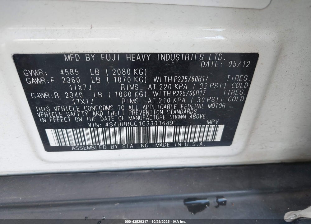 2012 SUBARU OUTBACK 2.5I PREMIUM VIN: 4S4BRBGC1C3301689