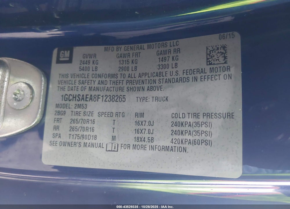 2015 CHEVROLET COLORADO WT VIN: 1GCHSAEA8F1238265