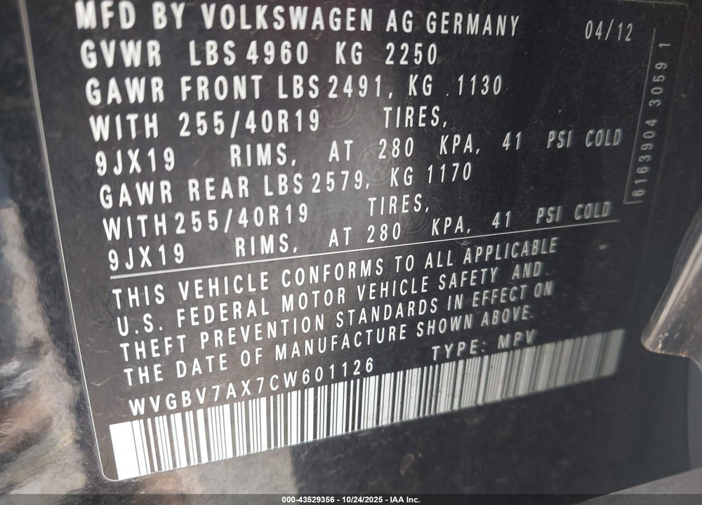 2012 VOLKSWAGEN TIGUAN SEL VIN: WVGBV7AX7CW601126