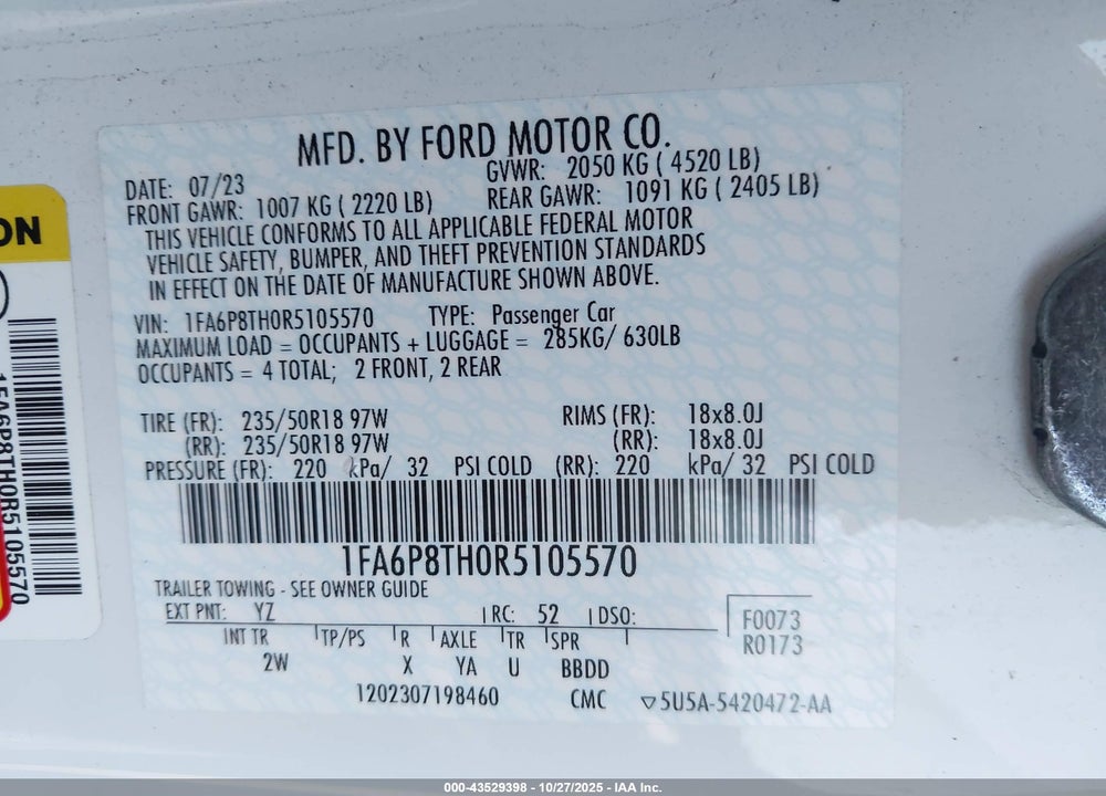 2024 FORD MUSTANG ECOBOOST FASTBACK VIN: 1FA6P8TH0R5105570