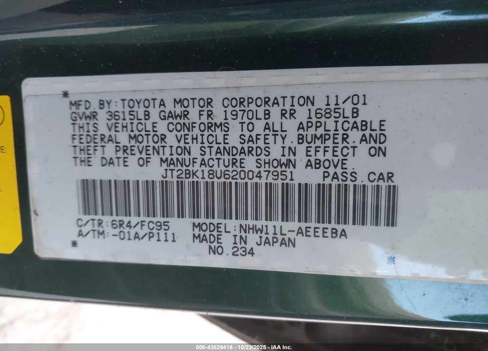 2002 TOYOTA PRIUS VIN: JT2BK12U930071901