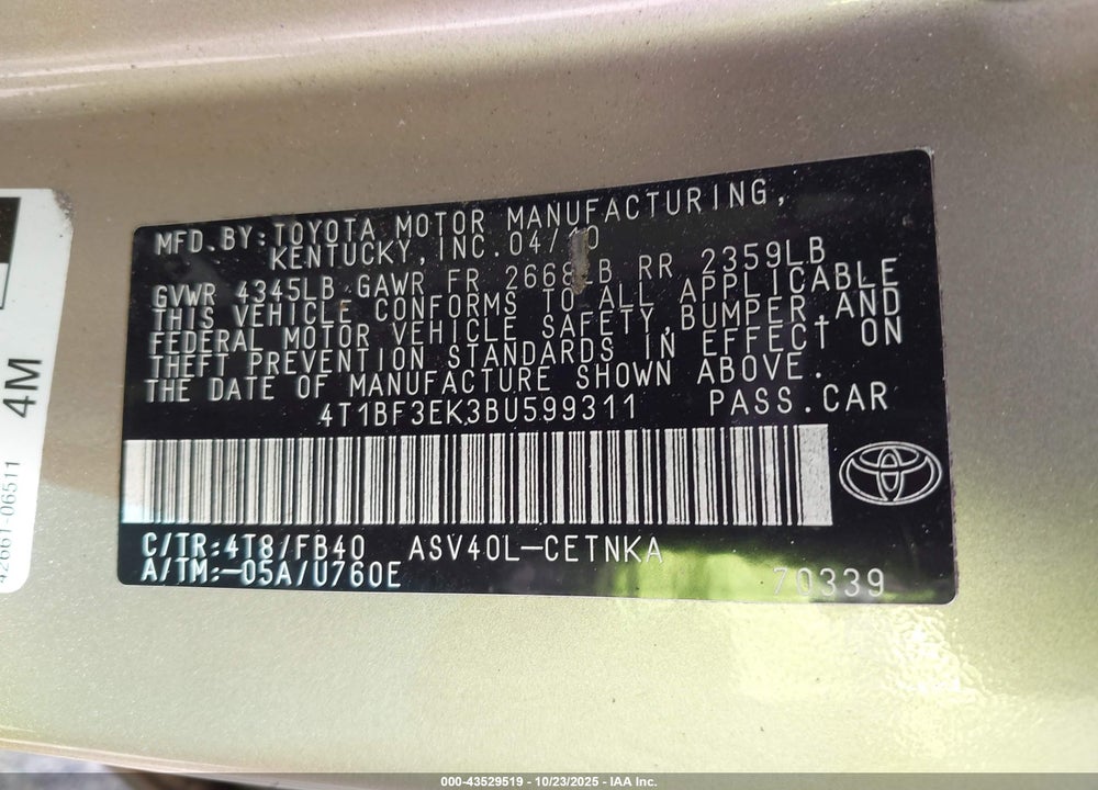 2011 TOYOTA CAMRY VIN: 4T1BF3EK3BU599311